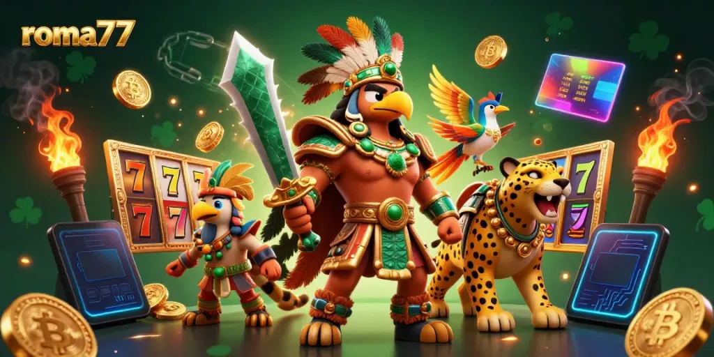 Slot88 bergaya roma77 dengan pejuang Aztec dan elemen mesin slot memikat.