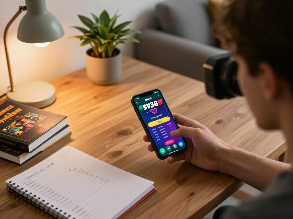 Engaging online gaming session on the SV368 app, showing a smartphone and betting notes in a cozy setting
