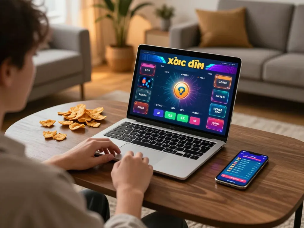 Xóc đĩa online gameplay on a laptop with vibrant interface, showcasing a cozy home gaming environment.