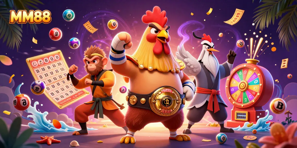Experience the vibrant MM88 online casino atmosphere with a dynamic scene of characters amidst gaming elements and excitement.