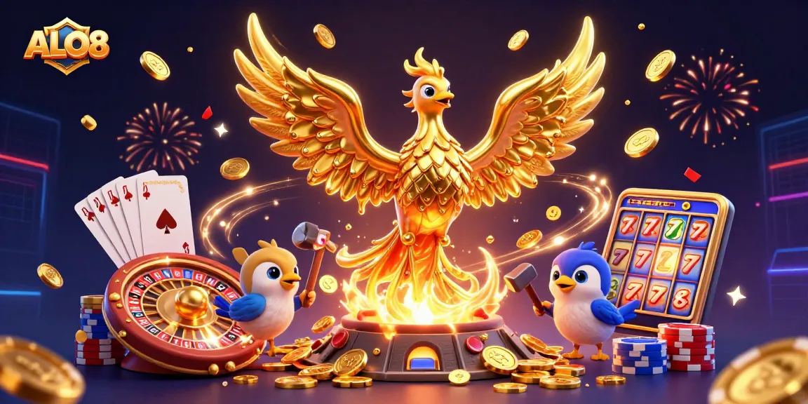 Experience exciting gaming action with ALO8's lavish casino scene featuring golden phoenix and vibrant gameplay elements.