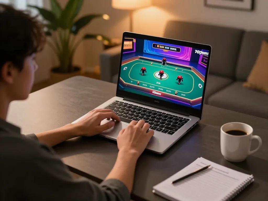 Player engaging with 789win link while analyzing betting strategies at home gaming setup