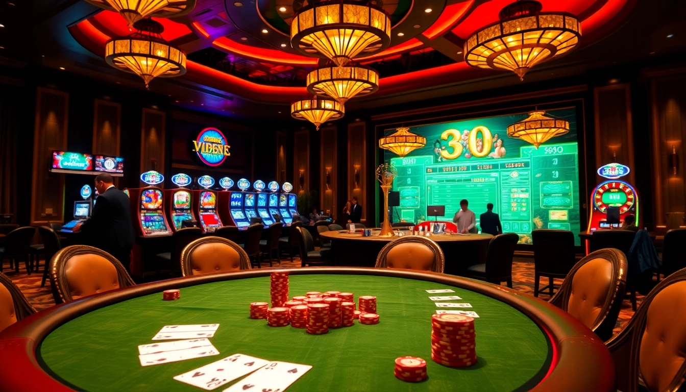 Casino gaming excitement at https://tr88.forum/ with poker table, slot machines, and vibrant roulette.