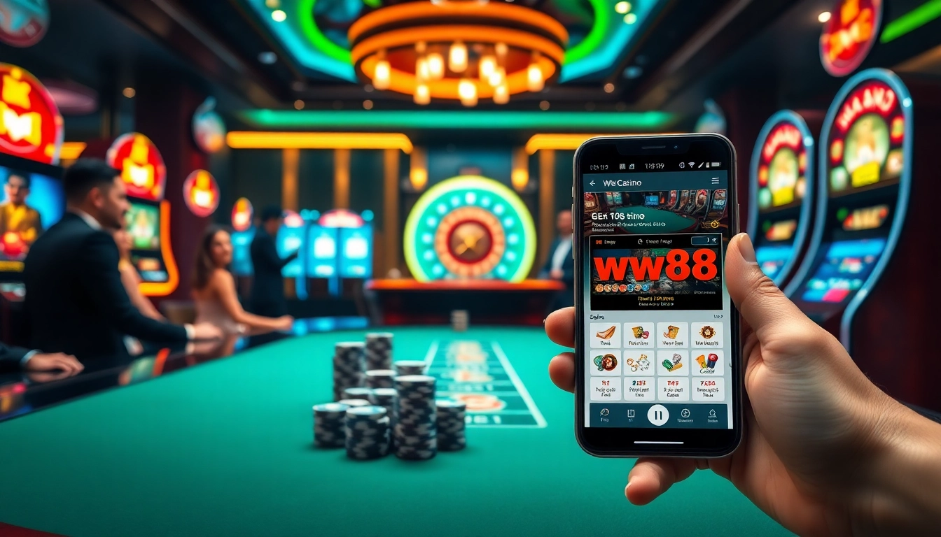 Engage with thrilling gameplay at ww88 online casino featuring vibrant slot machines and a stylish poker table.