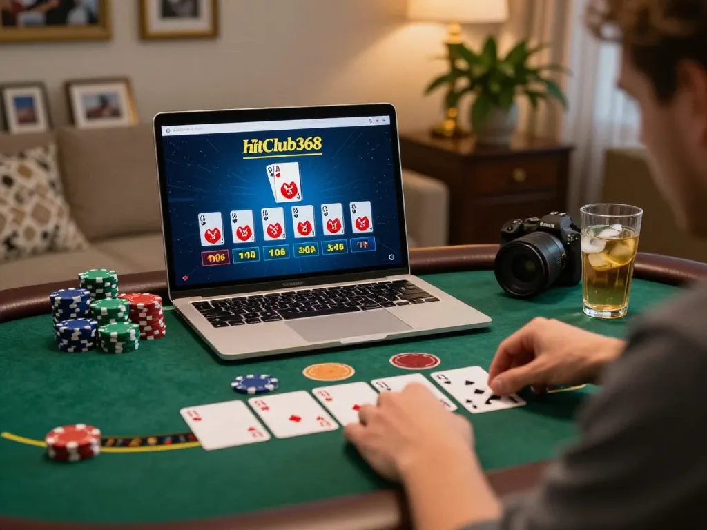 Engaged player utilizing hitclub368 for blackjack gaming at home with strategic focus