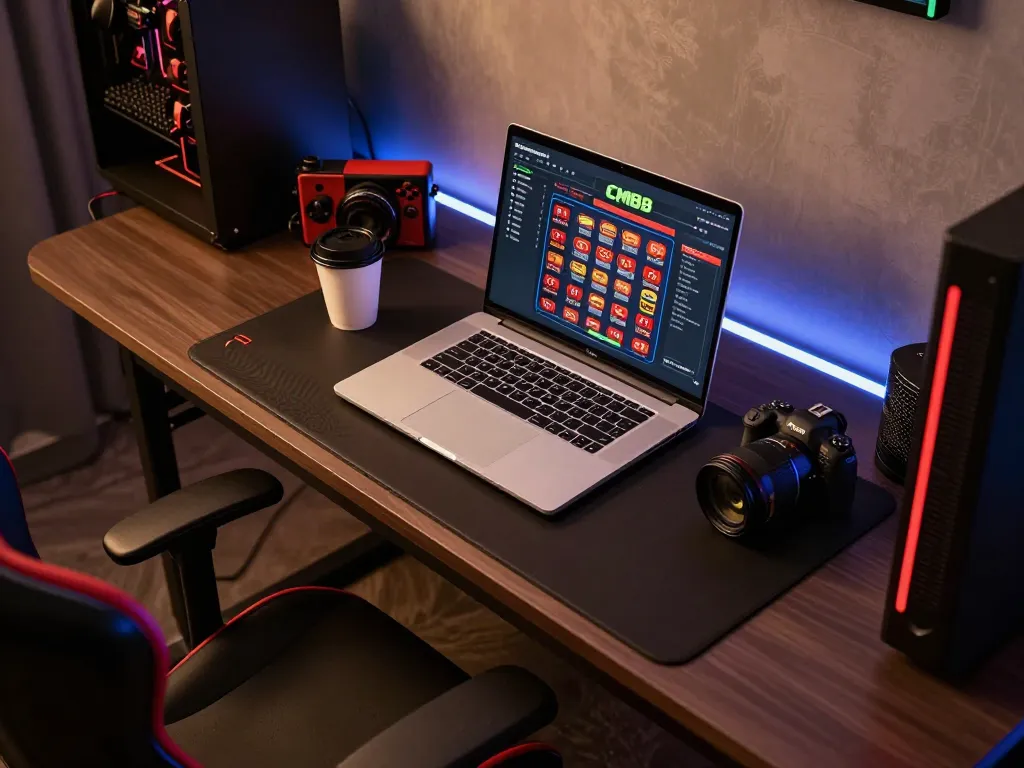Engage with CM88 online gaming setup featuring a laptop and vibrant accessories.