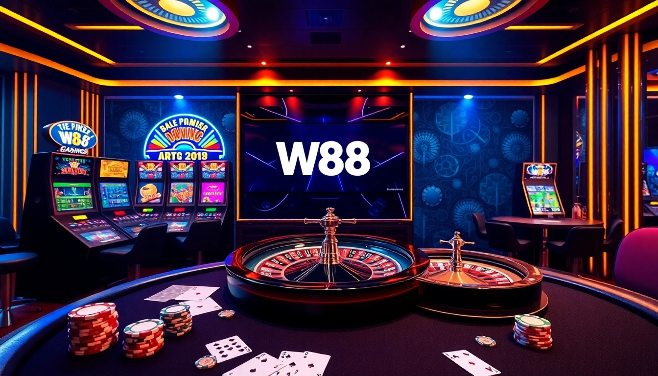 Players enjoying W88's vibrant online casino experience with colorful games and luxury vibes.