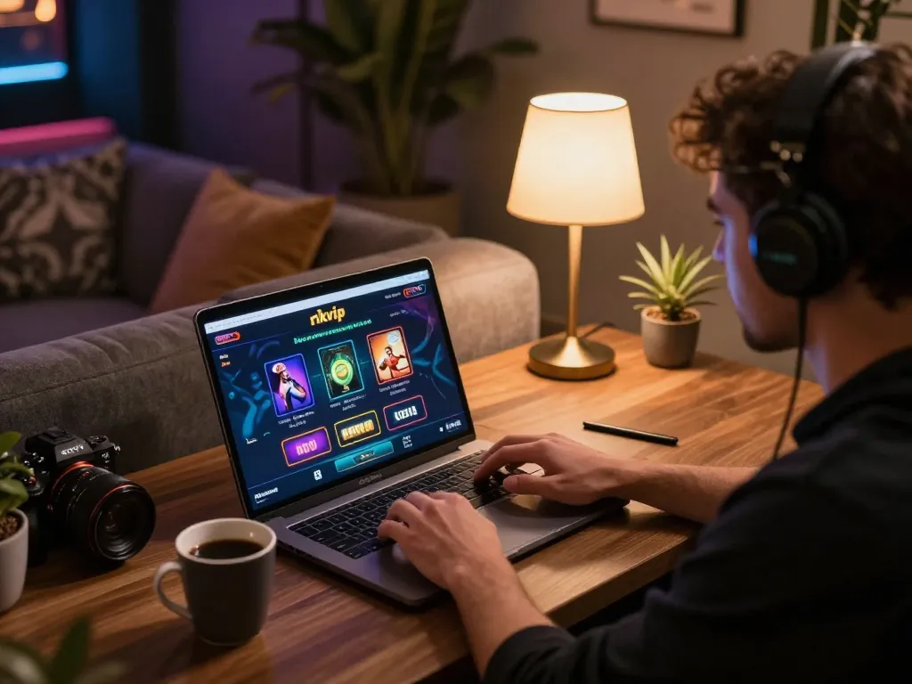 Engaging with the rikvip online gaming interface in a cozy home setup, showcasing strategic gameplay.