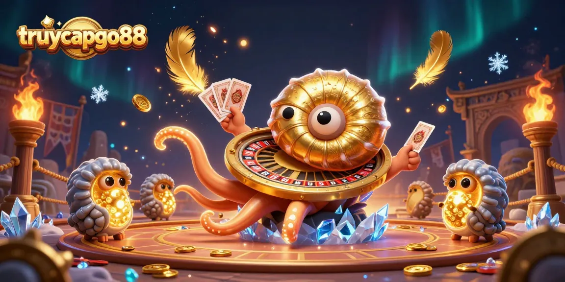 Experience an adventurous gaming journey with truycapgo88's giant nautilus as a roulette wheel in an enchanting casino scene.