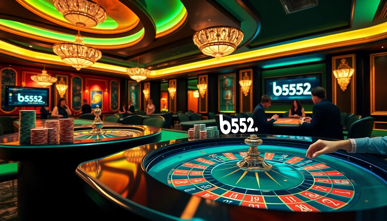 B52 casino gaming table with vibrant poker chips and elegant roulette wheel, showcasing high-stakes excitement.