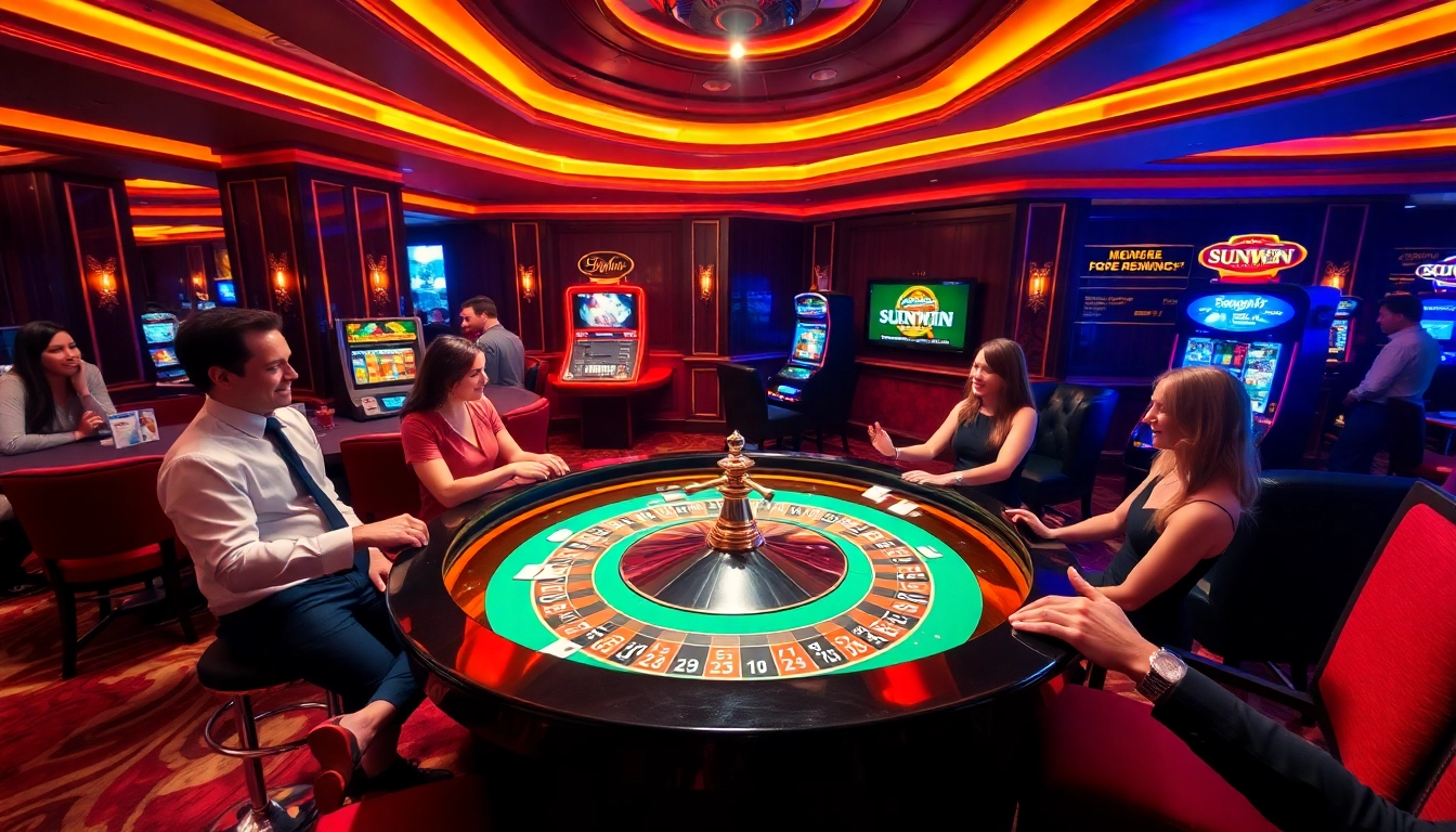 SUNWIN casino scene showcasing excitement at a roulette table, poker chips, and slot machines.