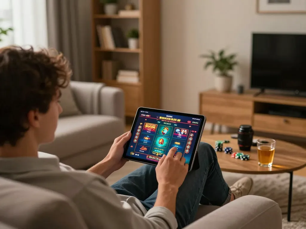 Experience thrilling moments at Go88 with a cozy online gaming setup featuring a tablet and vibrant casino games.