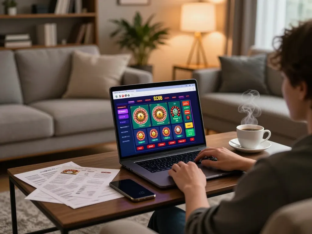 Player immersed in SC88 online casino gaming from a cozy setup, showcasing strategy notes and vibrant game interface