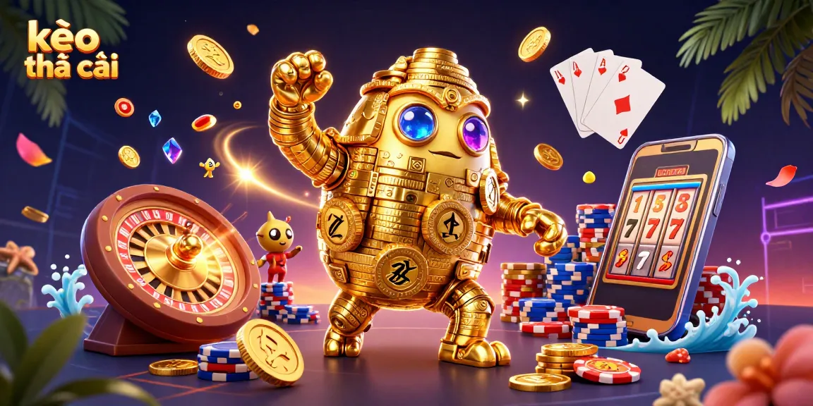 Experience the excitement of kèo nhà cái with a golden golem and vibrant casino elements around it.