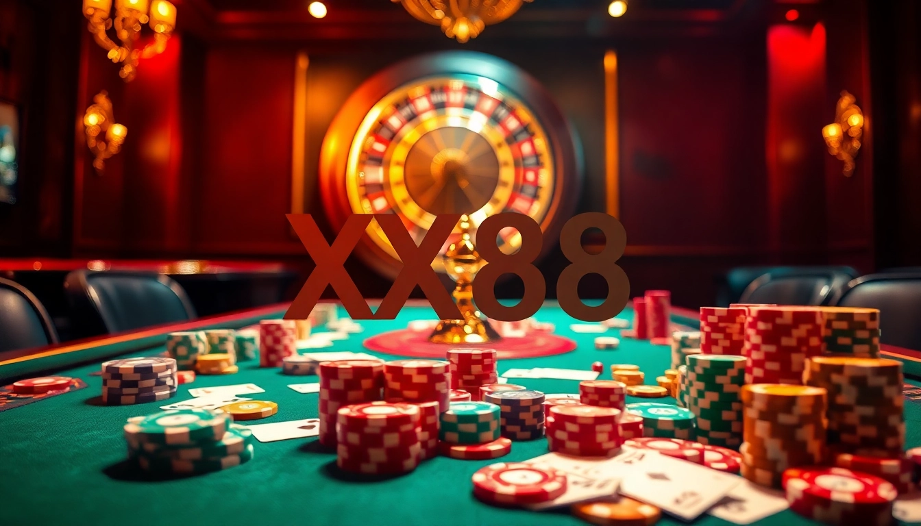 Playing at XX88 casino with vibrant poker chips and an elegant roulette wheel set in a luxurious ambiance.