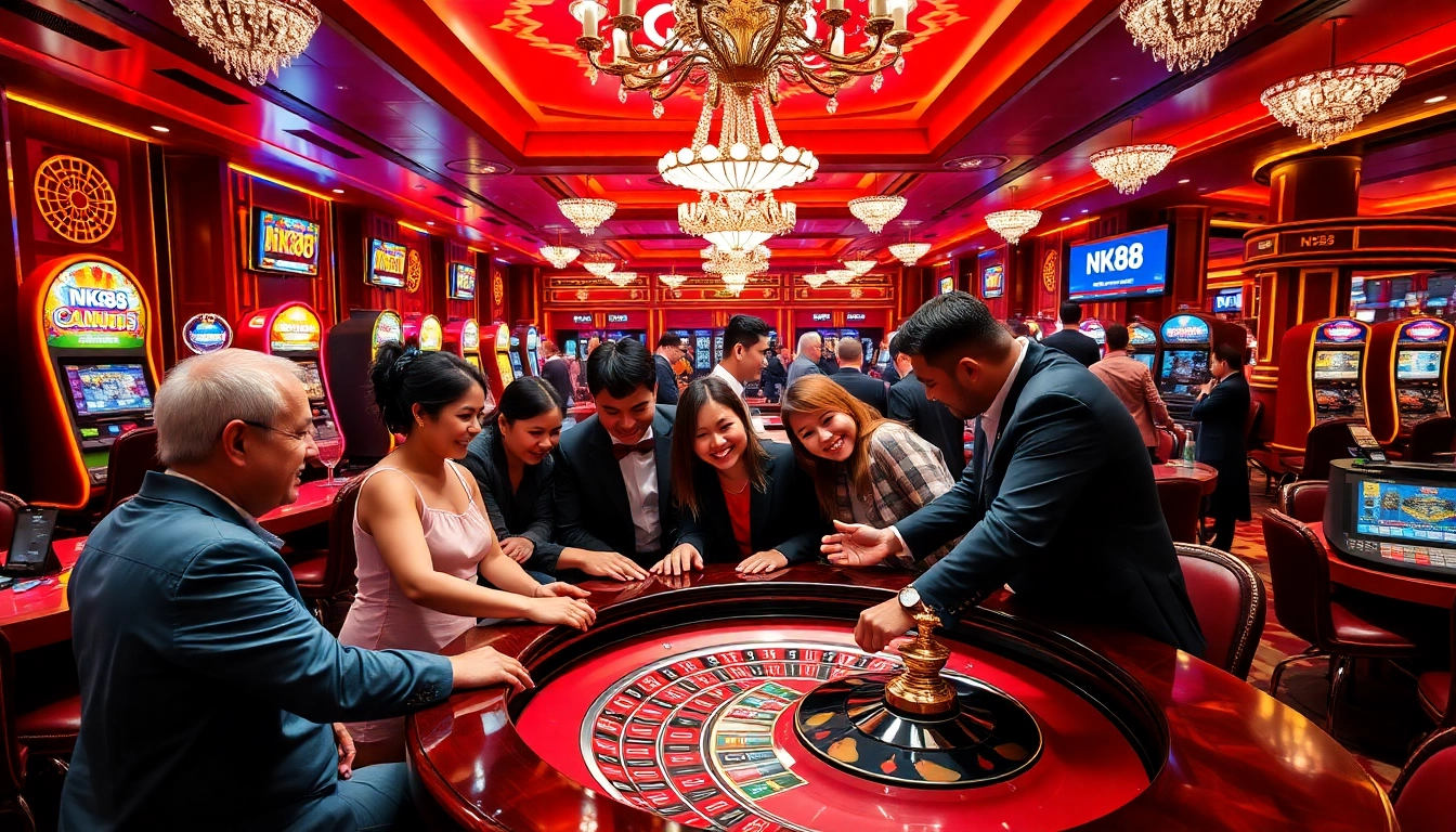 Players enjoying an exciting game at NK88 casino with a luxurious atmosphere.