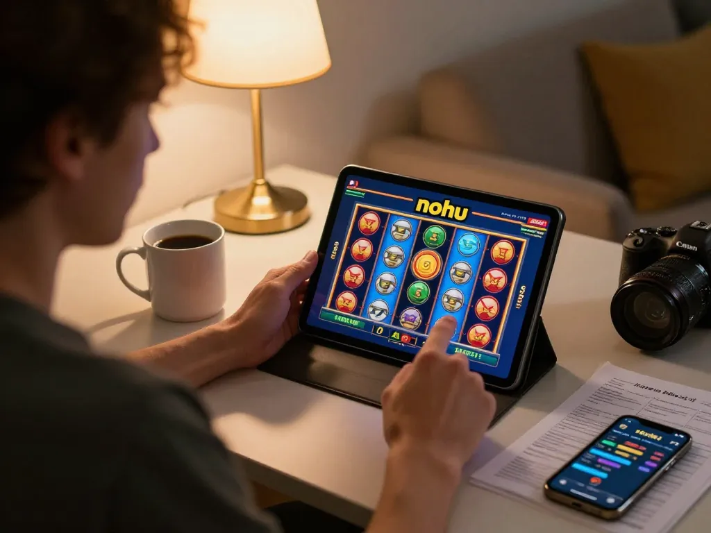 Engaging gameplay of nohu slot game displayed on tablet during cozy home gaming session.