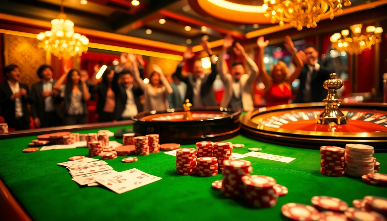A thrilling gambling scene showcasing Kèo nhà cái 5 action with poker chips and cards on a vibrant casino table.