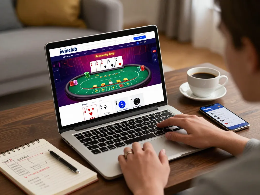 Engaging in online poker gameplay on iwinclub platform with strategic notes and coffee.