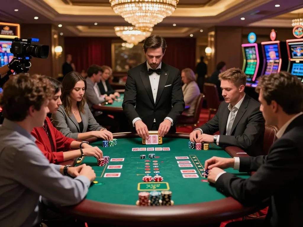 79king players strategizing at a high-stakes blackjack table in a luxurious casino atmosphere.