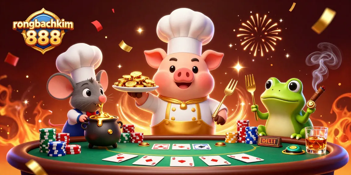 Engage in playful gaming with rongbachkim 888's vibrant casino scene featuring characters and dynamic elements.