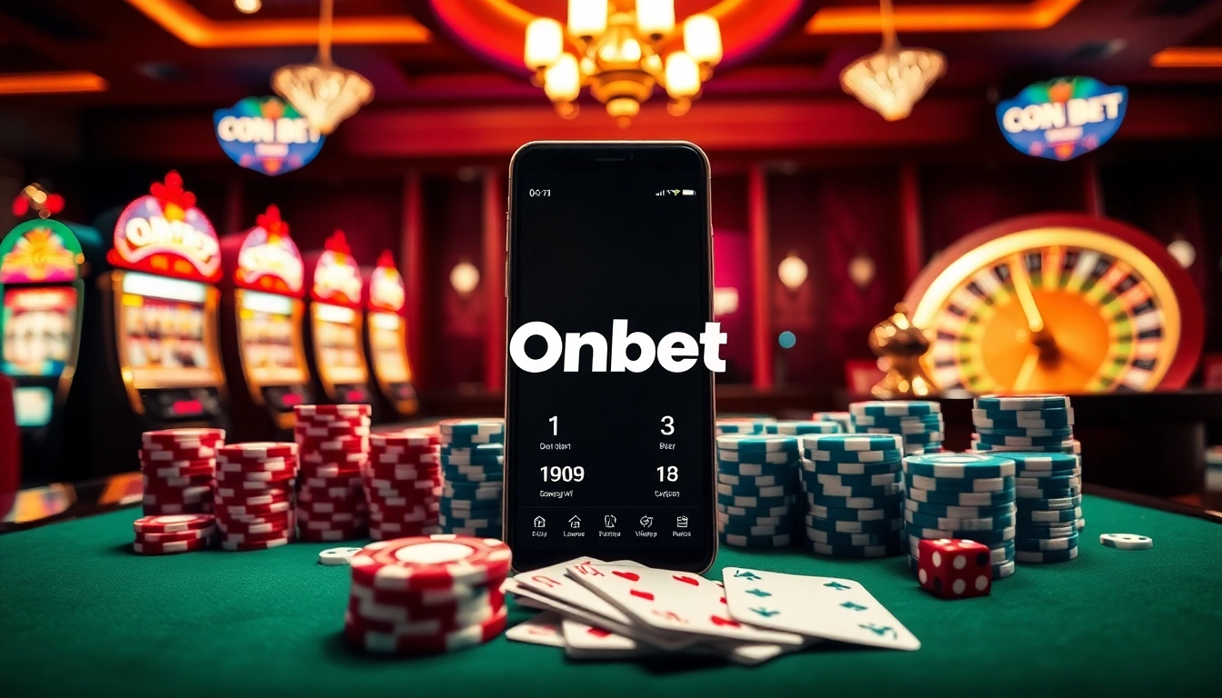 Experience the thrill of winning with the Onbet app amidst vibrant casino elements like poker chips and slot machines.