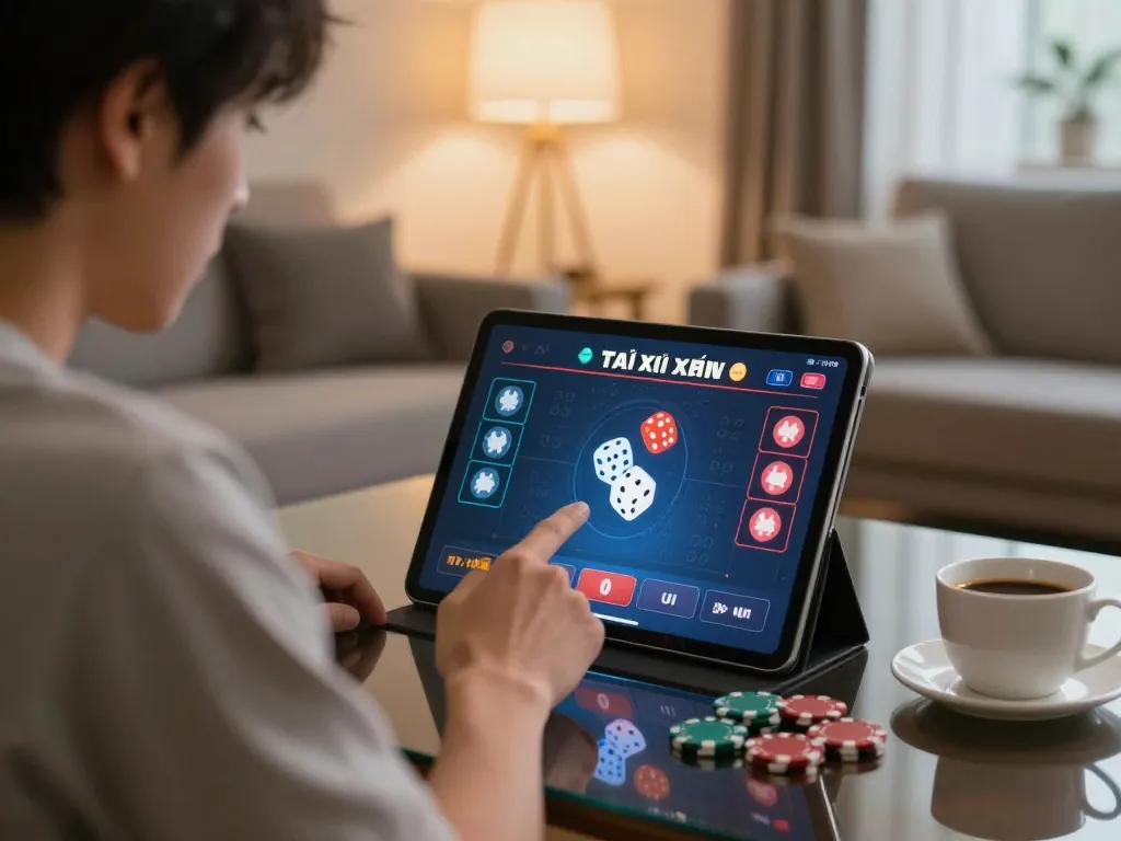 Player enjoying a thrilling tài xỉu online session on a tablet surrounded by snacks and drinks
