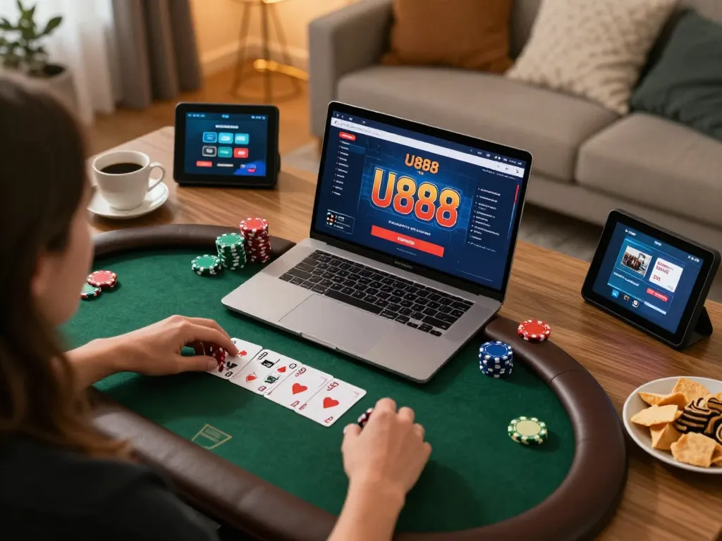 Engaging in U888 online poker at home with cozy setup and user-friendly interface.