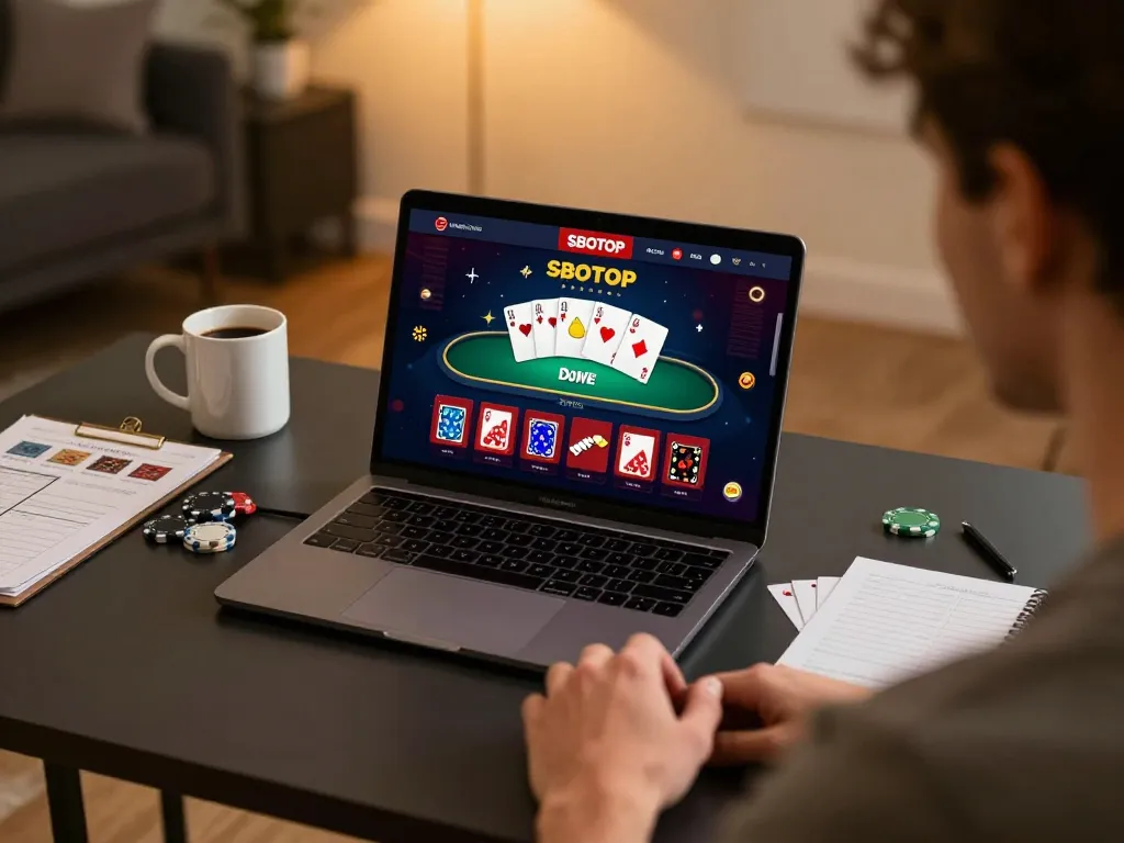 Sbotop's online gaming interface viewed on a laptop during strategic gameplay session at home.