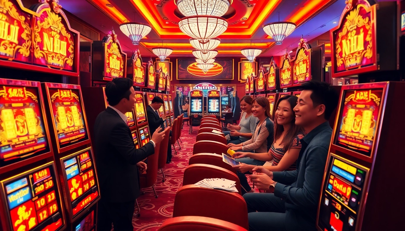 Experience the excitement of Nổ Hũ slot machines in a vibrant and luxurious casino setting.