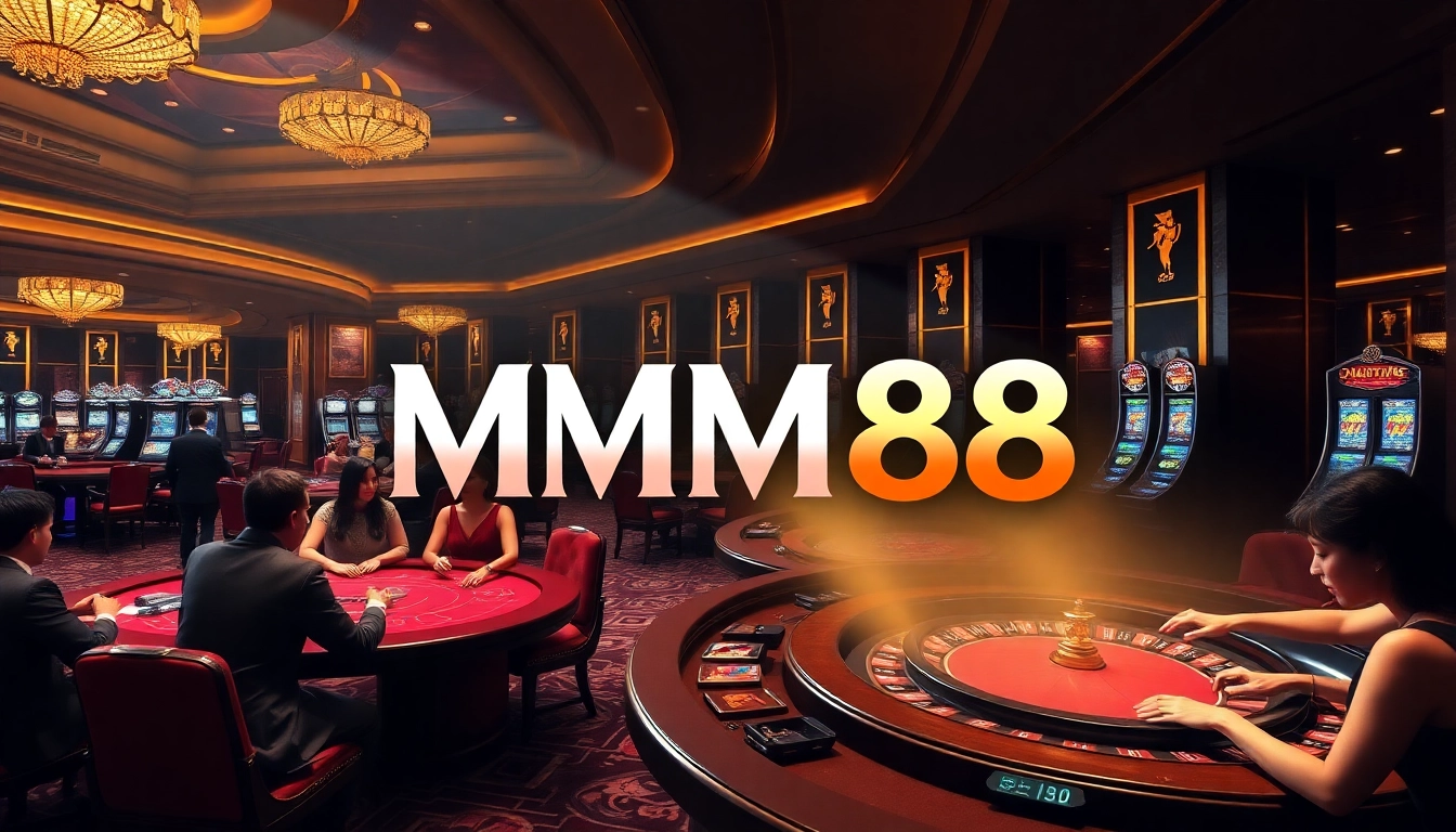 MM88 Casino scene showcasing vibrant gaming tables and exciting players engaging in bets.