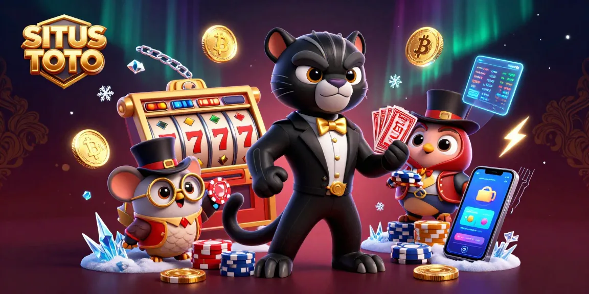 SITUS TOTO showcases a stylish black panther dealing cards, surrounded by slot elements and colorful graphics representing winning opportunities.