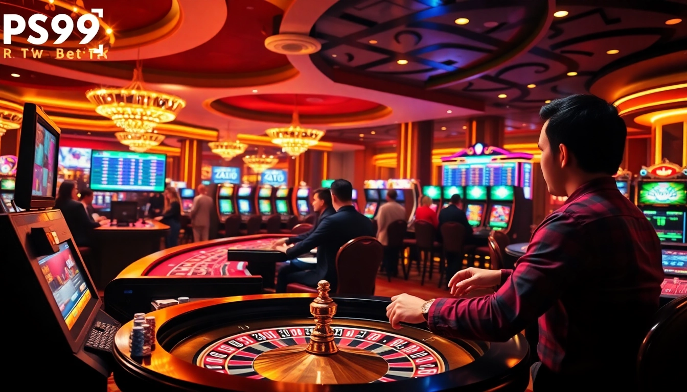 Gamblers strategizing wins at PS99 new casino tables with vibrant slot machines.
