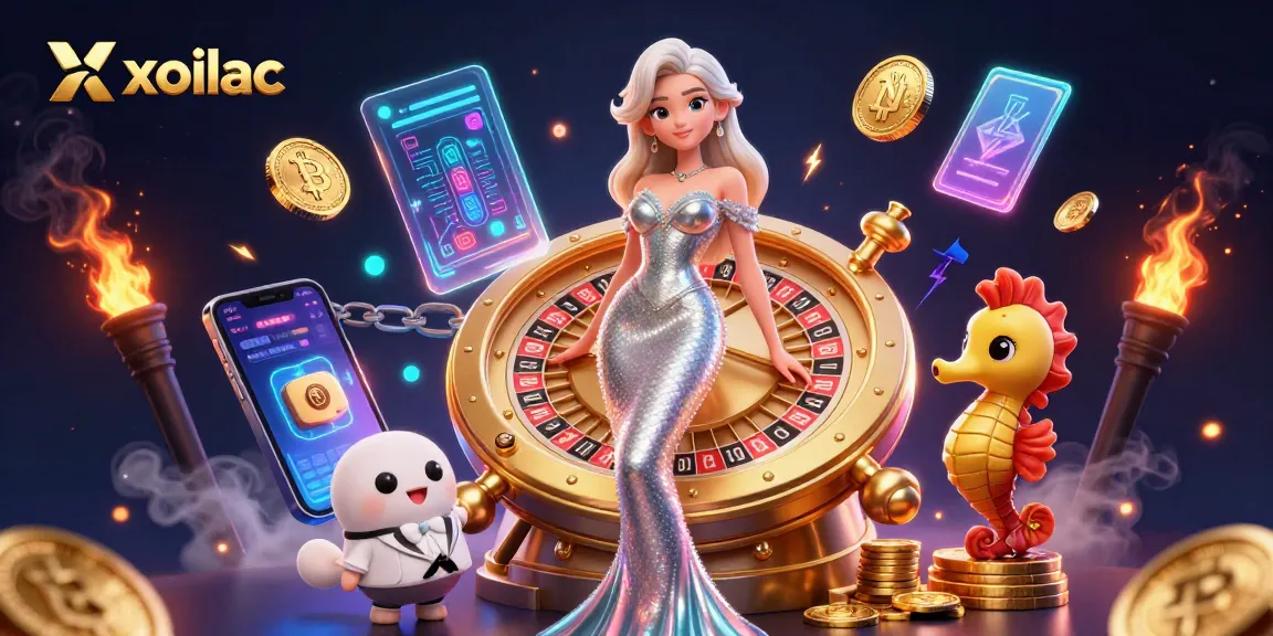 Xoilac showcases a stunning casino scene with a glamorous character next to a golden roulette wheel.