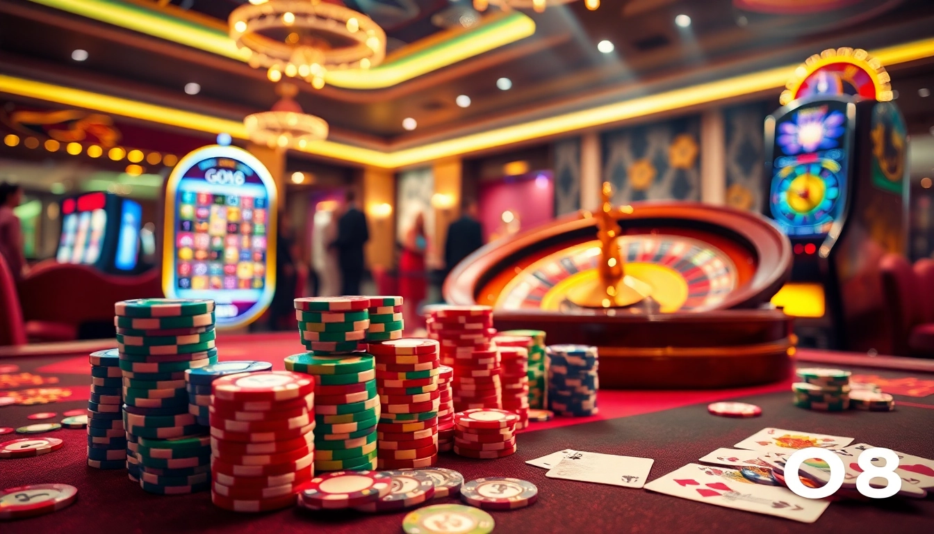 Engaging GO8 players at a vibrant casino table showcasing poker chips and roulette excitement.