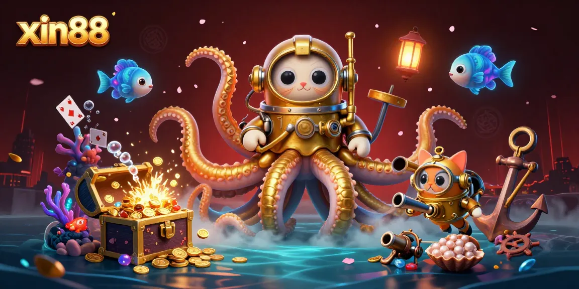 Experience the thrill of xin88 with a kraken and cat duo in an adventurous underwater casino.