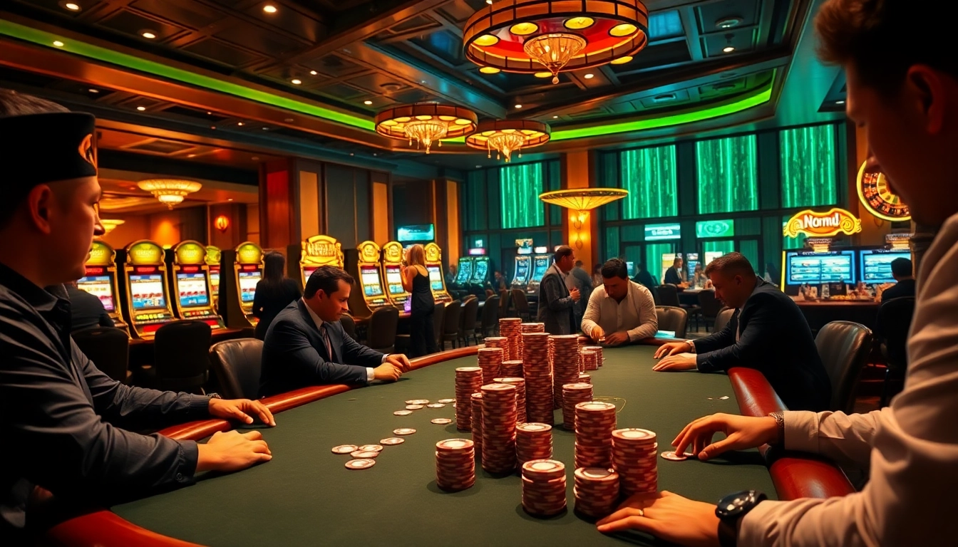 Nohu-themed casino scene with poker chips and vibrant slot machines, inviting gamblers.