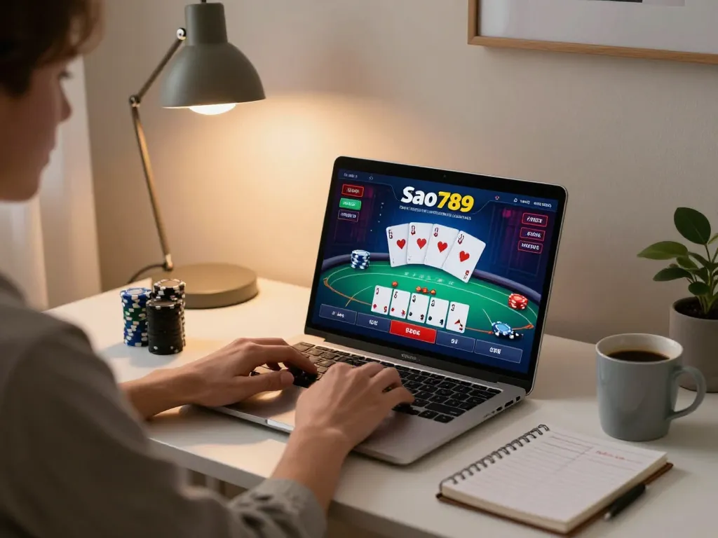 Sao789 player utilizing a laptop for an engaging online poker game at home, showcasing strategic gameplay and cozy atmosphere.