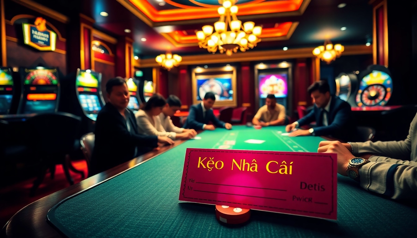 Kèo Nhà Cái displayed on a glowing betting slip at an exciting poker table in a luxurious casino.