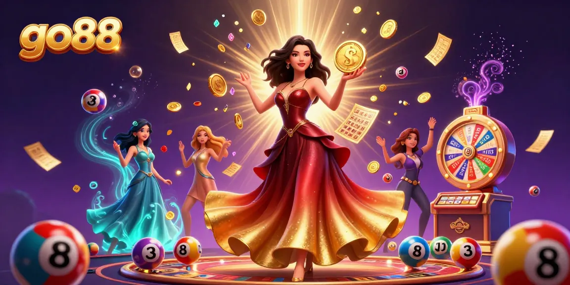 Experience the exciting Go88 gaming world with vibrant illustrations of casino gameplay elements and a stunning character.