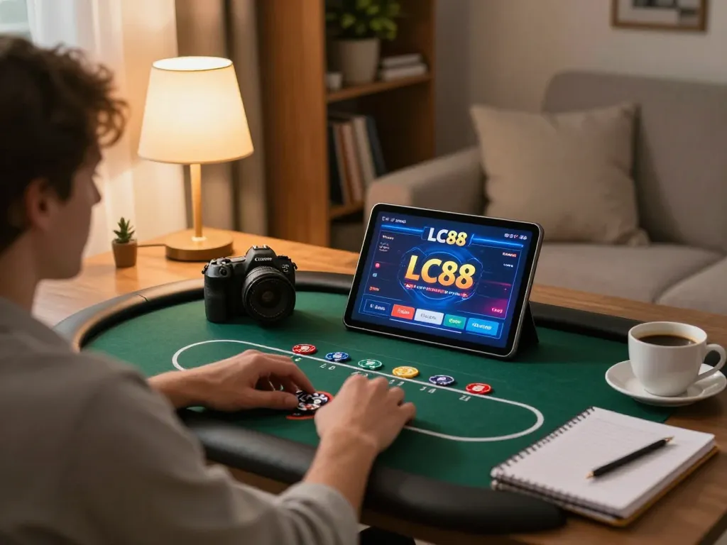 Engaging in LC88 online poker gameplay at home with strategy notes and tablet setup