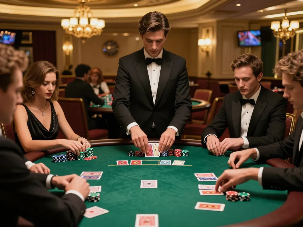 Players strategizing at a high-stakes poker table in a luxurious casino hit-club setting.