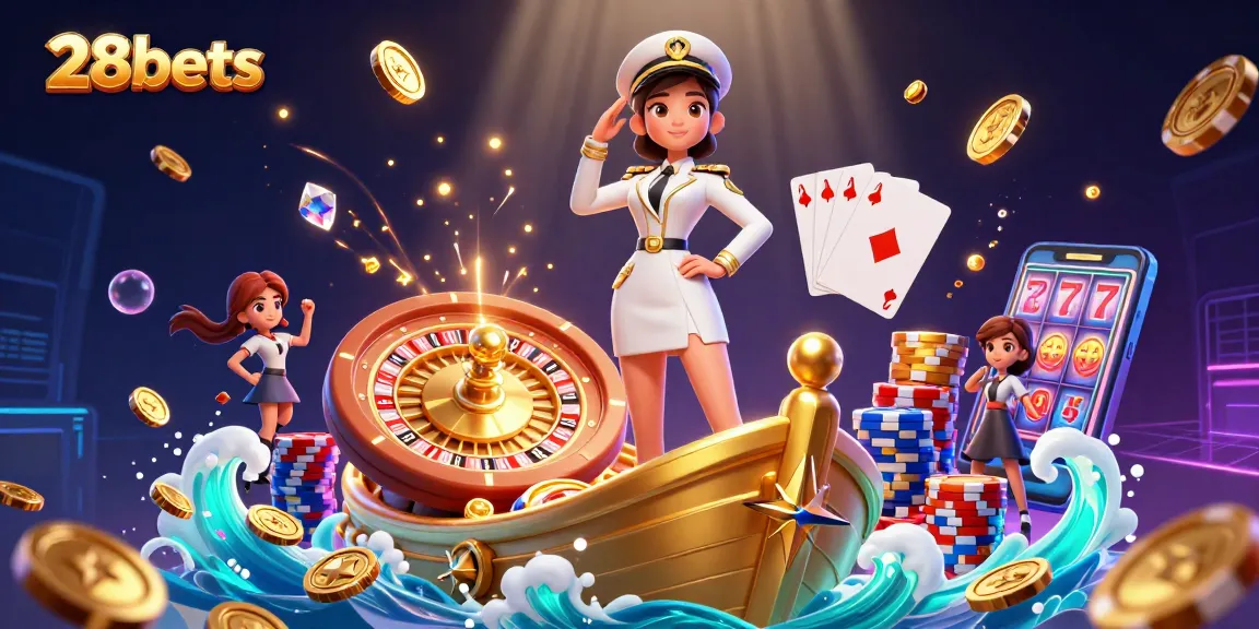 Engage with 28bets casino experience featuring vibrant Asian woman, golden ship, and dynamic gaming elements.