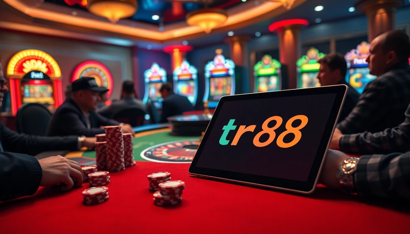 Experience high-stakes gaming with tr88 at a luxurious casino table surrounded by eager gamblers.