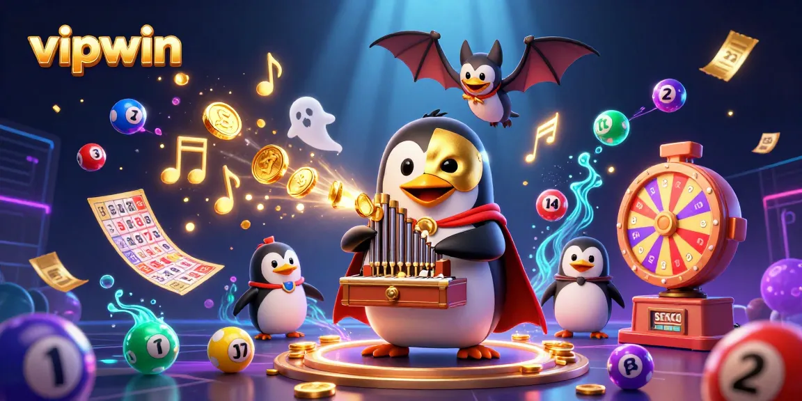 Engage in VIPwin excitement with a cartoon penguin and dynamic casino elements in a vibrant 3D illustration.
