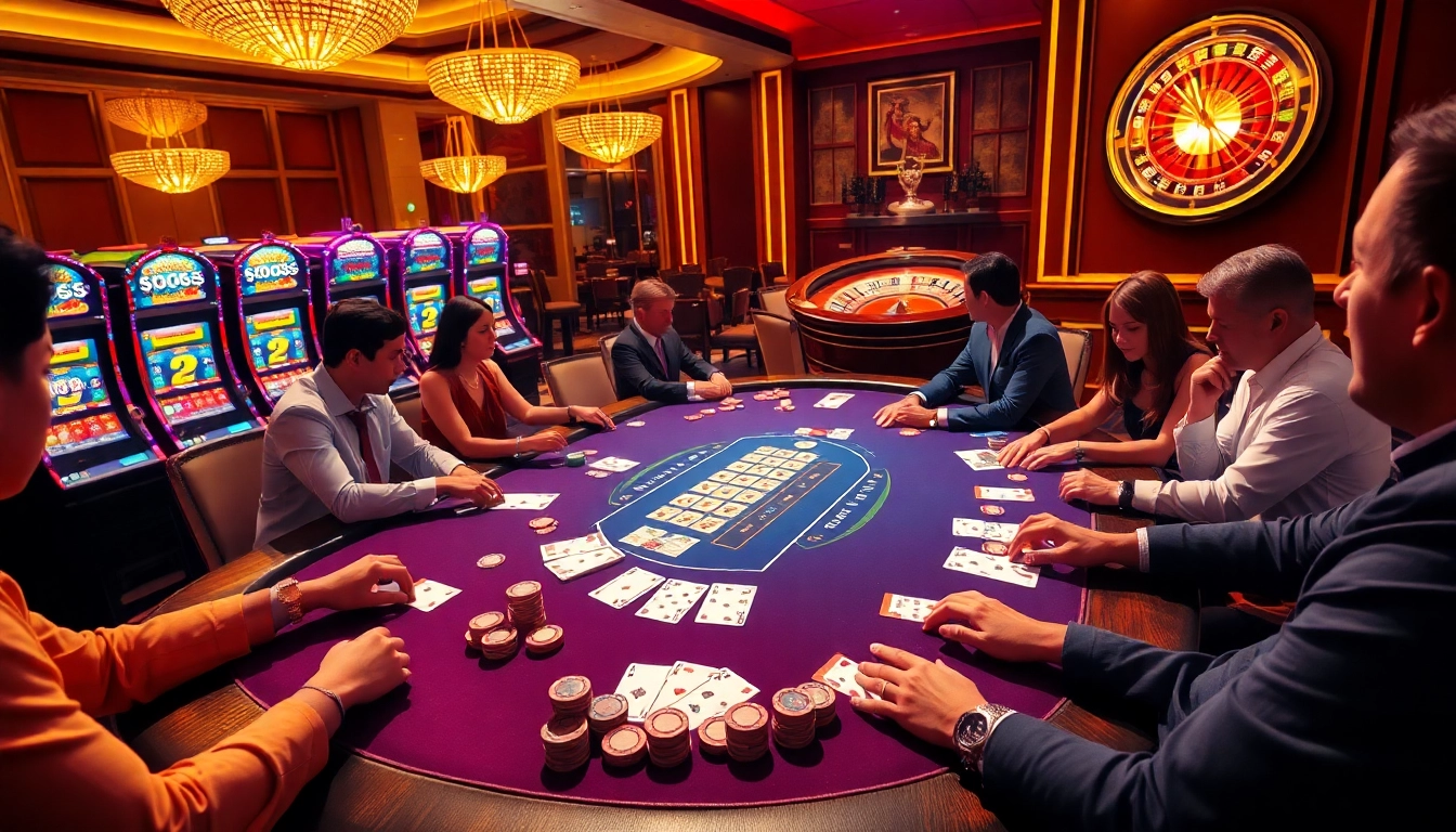 Engaged players at a lively poker table featuring OK8386 poker chips and bright slot machines.
