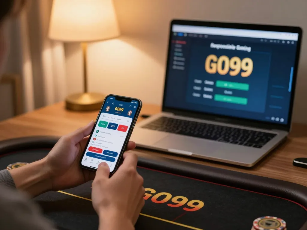 Players engaging in betting strategies using the GO99 casino app on a smartphone in a cozy home office