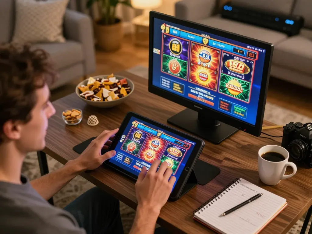 Player enjoying thrilling slot games on a tablet while focusing on 98win's online casino interface at home.