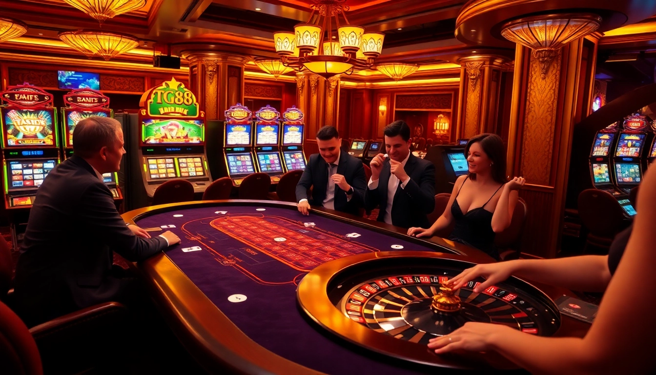 Excited players enjoying a game at the TG88-themed casino table with poker chips and cards.
