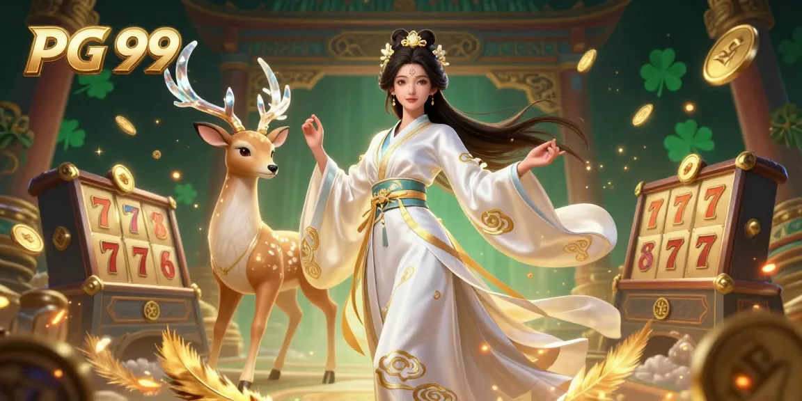 Engage in thrilling gameplay with PG 99, featuring a stunning Asian woman in a modern hanfu and celestial deer in a vibrant casino scene.